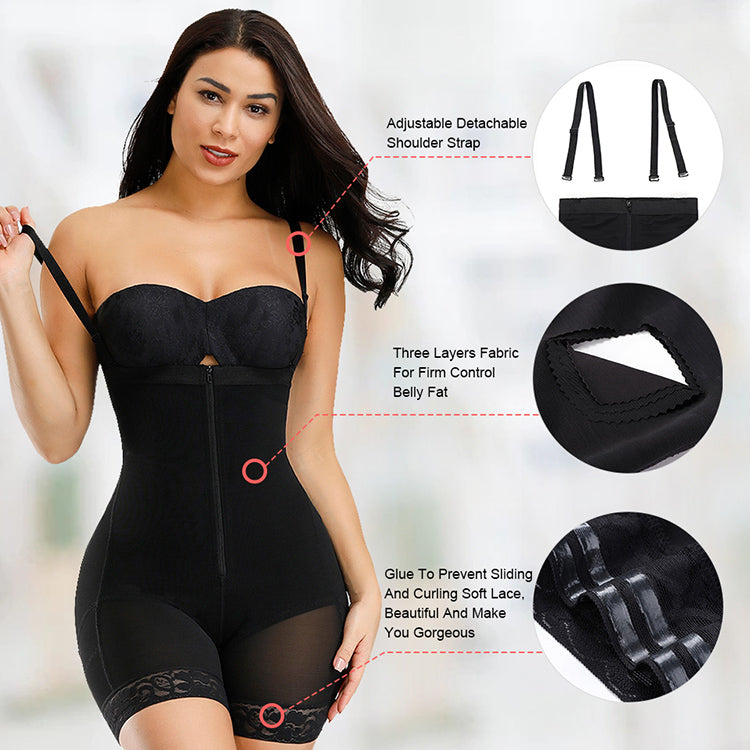 New Black Spandex Adjustable Hooks Tummy Control Zipper Front Women Sl